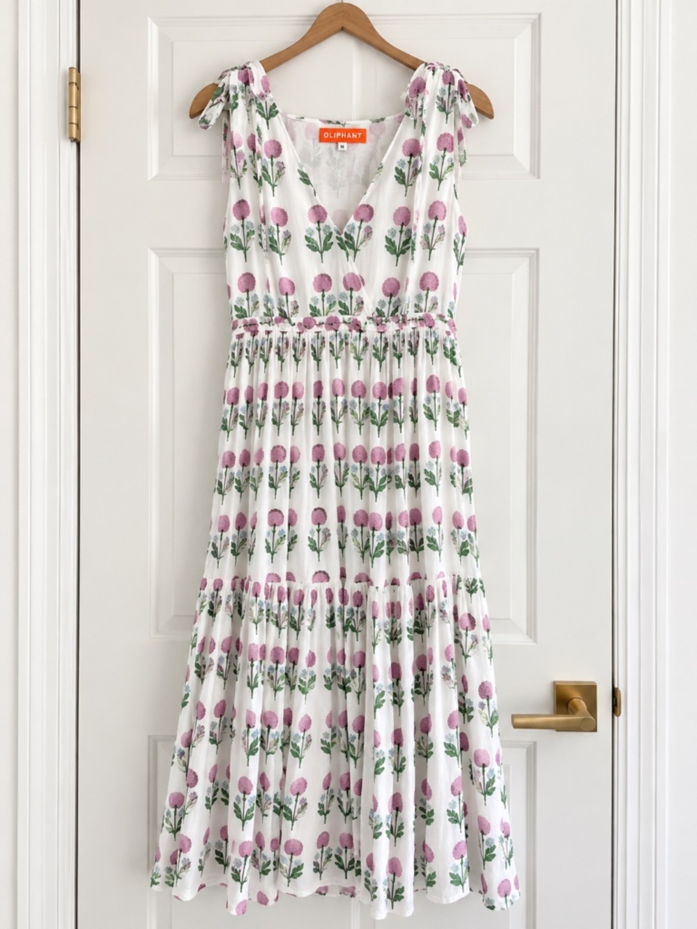 Oliphant Floral Block Print Tiered Midi Dress Pink Green Size M
